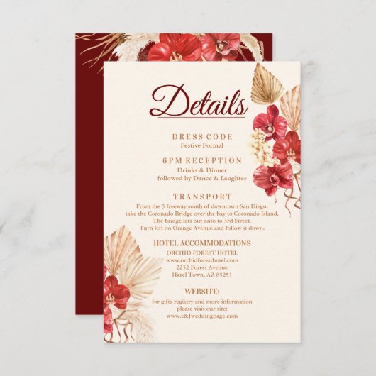 Boho chic red orchid herfst Custom Wedding Details Informatiekaartje (Voorkant / Achterkant)