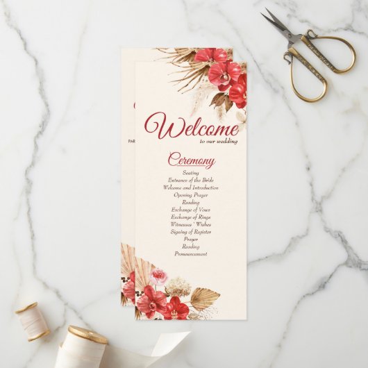 Boho chic red orchid herfst custom Wedding Program Programmakaart (Voorkant / Achterkant in situ)