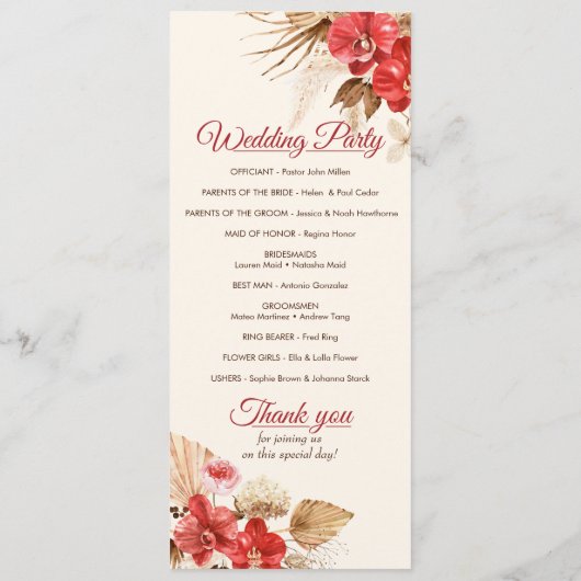 Boho chic red orchid herfst custom Wedding Program Programmakaart (Achterkant)