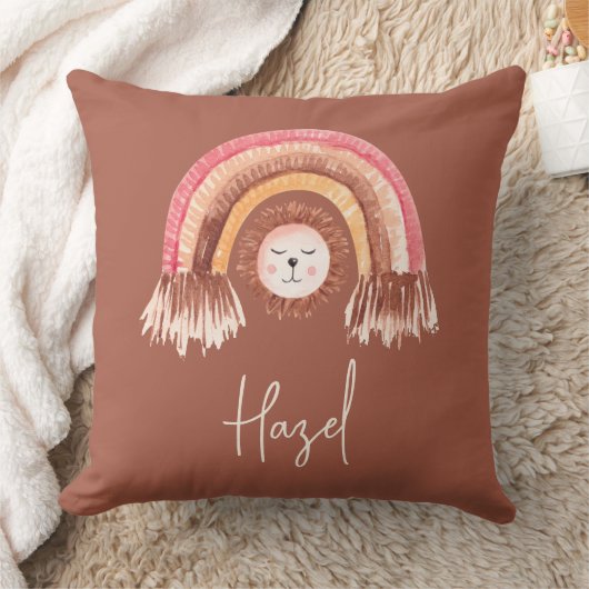 Boho Chic Regenboog Leeuw Baby Naam Terracotta Kussen (Deken)