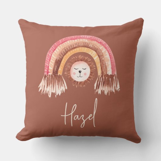 Boho Chic Regenboog Leeuw Baby Naam Terracotta Kussen (Voorkant)