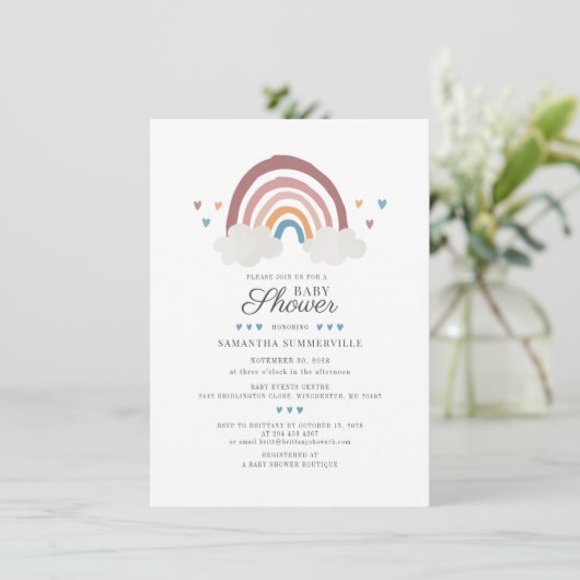 Boho Chic Regenboog Script Baby Shower Uitnodiging (Staand voorkant)