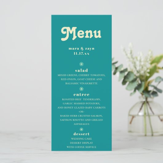 Boho Chic Retro 70's Blauwgroen bruiloft Menu (Staand voorkant)