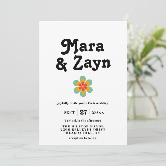 Boho Chic Retro 70's huwelijk Kaart (Staand voorkant)