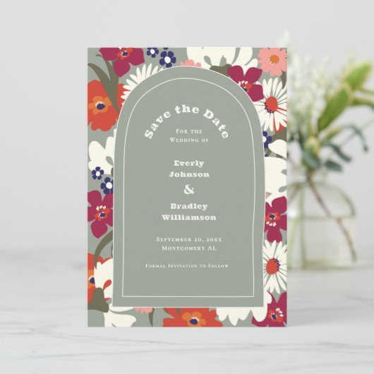 Boho Chic Retro Bloemige Kleurrijke Save the Date Kaart (Staand voorkant)