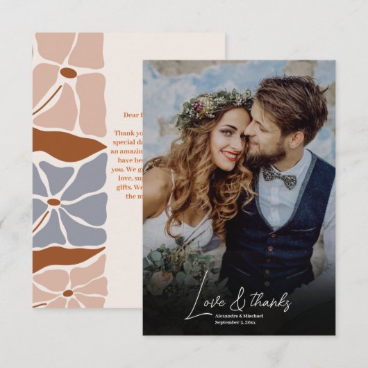 Boho Chic Retro Bloemige Trouwfoto Bedankkaart (Voorkant / Achterkant)