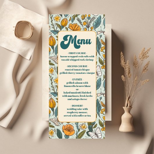 Boho Chic Retro Kleurrijke Bloemige Bruiloft Menu