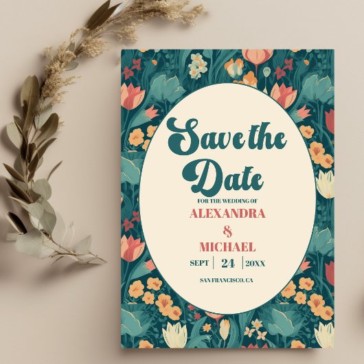 Boho Chic Retro Kleurrijke Bloemige Bruiloft Save The Date