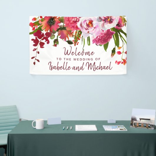 Boho Chic Rode Hortensia, Roze Rose Wedding Welkom Spandoek (Beurs)