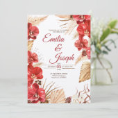 Boho chic rode orchidee val bruiloft uitnodiging (Staand voorkant)