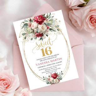 Boho Chic Rood Wit Goud Bloemig Sweet 16 Verjaarda Kaart