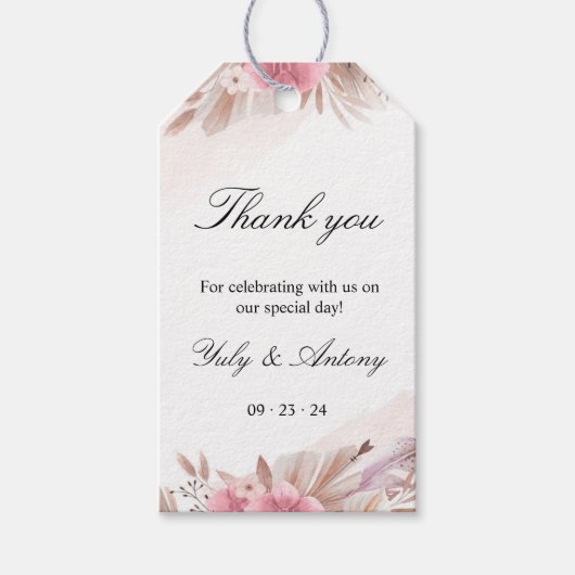 Boho Chic Roos en Champagne bruiloft Cadeaulabel (Voorkant)