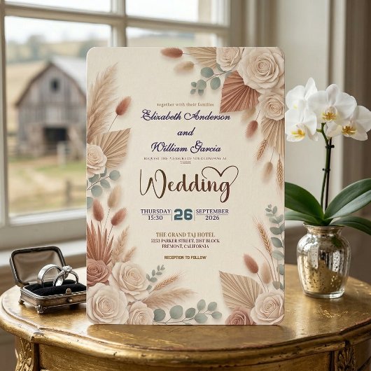 Boho Chic Roses Pampas Grass Wedding Kaart