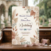 Boho Chic Roses Pampas Grass Wedding Kaart