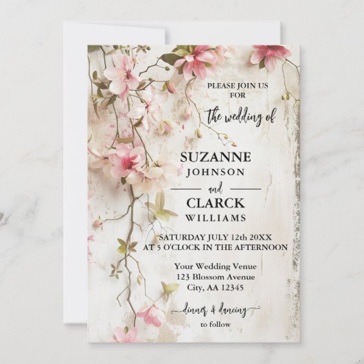 Boho Chic Roze Bloemen Rustiek Huwelijk Kaart (Voorkant)