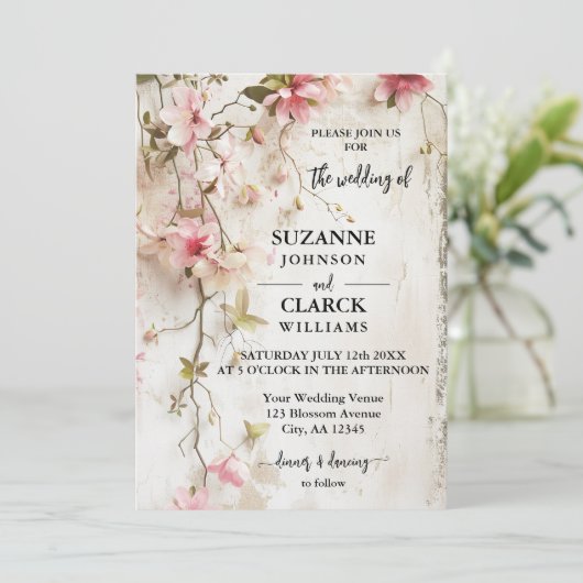 Boho Chic Roze Bloemen Rustiek Huwelijk Kaart (Staand voorkant)