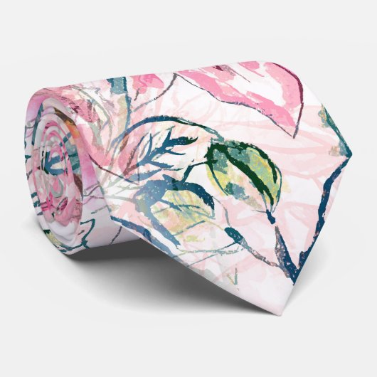 Boho Chic Roze Bloemen Waterverf Botanisch Stropdas (Opgerold)