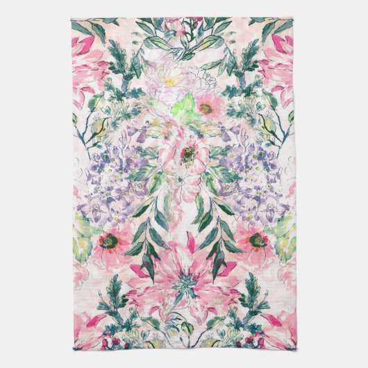 Boho Chic Roze Bloemen Waterverf Botanisch Theedoek (Verticaal)
