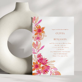 Boho Chic Roze Oranje Bloemige Waterverf Trouw Kaart