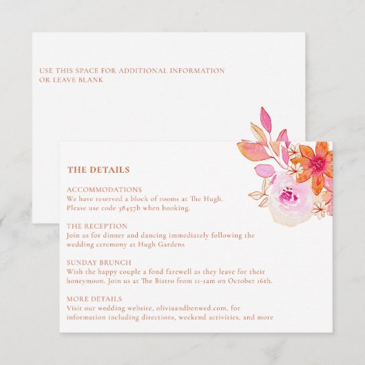 Boho Chic Roze Sinaasappel Bloemen Waterverf Bruil Informatiekaartje (Voorkant / Achterkant)