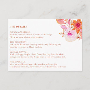 Boho Chic Roze Sinaasappel Bloemen Waterverf Bruil Informatiekaartje