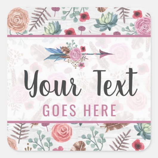 Boho Chic Rustic Feather Arrow Waterverf Bohemian Vierkante Sticker (Voorkant)