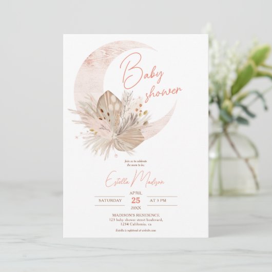 Boho chic rustic pampas floral moon baby shower kaart (Staand voorkant)