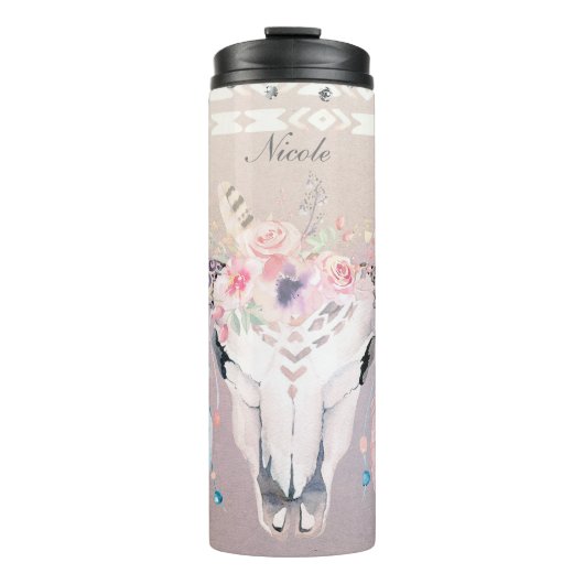 Boho Chic Rustieke Koe Schedel Bloemen Boheemse Cu Thermosbeker (Voorkant)