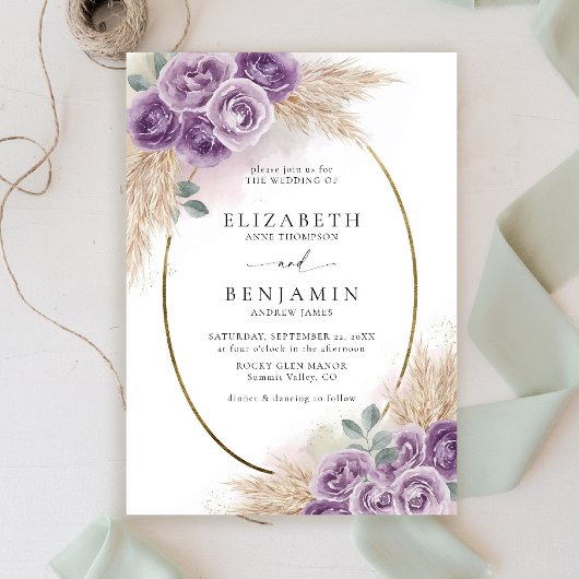 Boho Chic Rustieke Paarse Ovaal Goud Elegante Huwe Kaart