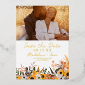 Boho chic rustige oranje zonnebloemen 2 fotobruilo folie uitnodiging (Voorkant)