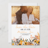 Boho chic rustige oranje zonnebloemen 2 fotobruilo save the date (Voorkant)