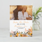 Boho chic rustige oranje zonnebloemen 2 fotobruilo save the date (Staand voorkant)