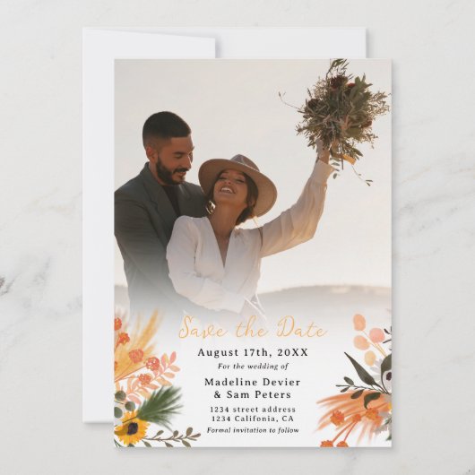 Boho chic rustige oranje zonnebloemen 2 fotobruilo save the date (Achterkant)