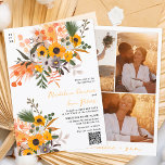 Boho chic rustige oranje zonnebloemen 3 fotobruilo kaart<br><div class="desc">Onderbreek de warmte van de landzon met onze boho-rustige oranje trouwuitnodigingen,  voorzien van mooie zonnebloemen,  groene bladeren en bruine rode takken. Perfect voor het vrij-gespierde paar. met een geborstelde manuscripttypografie op een eenvoudige editable witte achtergrond.</div>