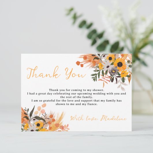 Boho chic rustige oranje zonnebloemen bridal bedankkaart (Staand voorkant)