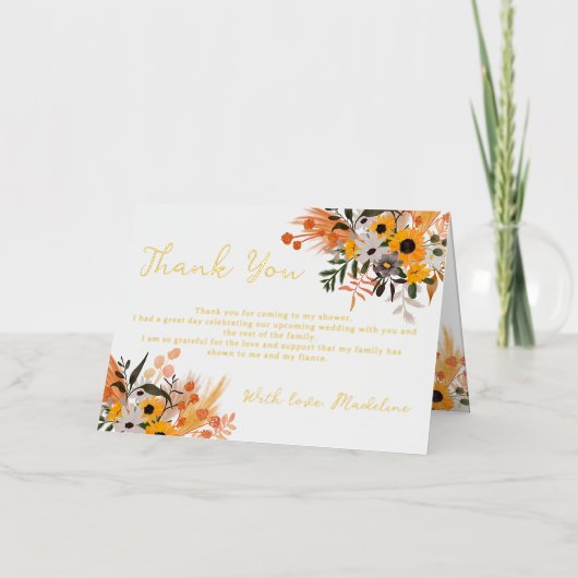 Boho chic rustige oranje zonnebloemen bridal folie wenskaart (Voorkant)