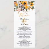 Boho chic rustige oranje zonnebloemen bruiloft menu (Voorkant)