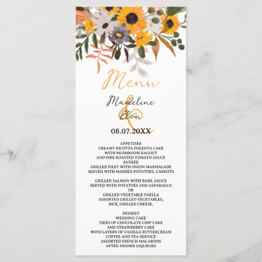 Boho chic rustige oranje zonnebloemen bruiloft menu (Voorkant)