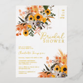 Boho chic rustige oranje zonnebloemen vrijgezellen folie uitnodiging (Voorkant)