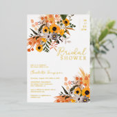 Boho chic rustige oranje zonnebloemen vrijgezellen folie uitnodiging (Staand Voorkant)