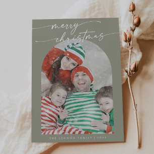 Boho Chic Sage Green Fun Family Foto van Kerstmis Feestdagenkaart