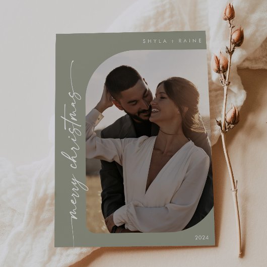 Boho Chic Sage Groene Foto Eenvoudige Vrolijke Ker Feestdagenkaart