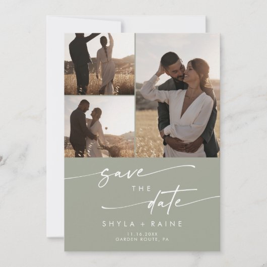 Boho Chic Sage Groene Multi-Foto QR-code Save The Date (Voorkant)