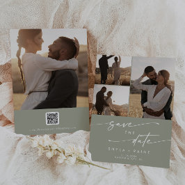 Boho Chic Sage Groene Multi-Foto QR-code Save The Date