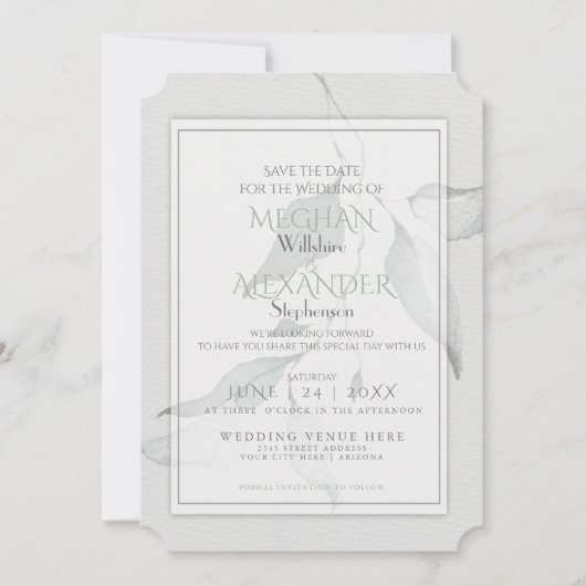 Boho Chic Sage Groene Waterverf Branch Save The Date (Voorkant)