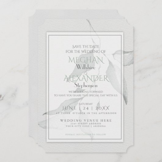 Boho Chic Sage Groene Waterverf Branch Save The Date (Voorkant / Achterkant)