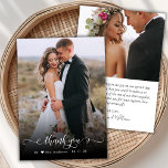 Boho chic script 2 foto bruiloft dank u kaart<br><div class="desc">Moderne Boho Chic Kalligrafie Script bruiloft 2 Foto Dank je kaart. Stijlvolle bruiloft dank u sjabloon met een volledige verticale foto op de voorkant met de tekst "Thank You" in een grillige wervelende hand belettering kalligrafie of typografie swash tail lettertype script in witte overlay op het afbeelding. Weinig schattig liefde...</div>