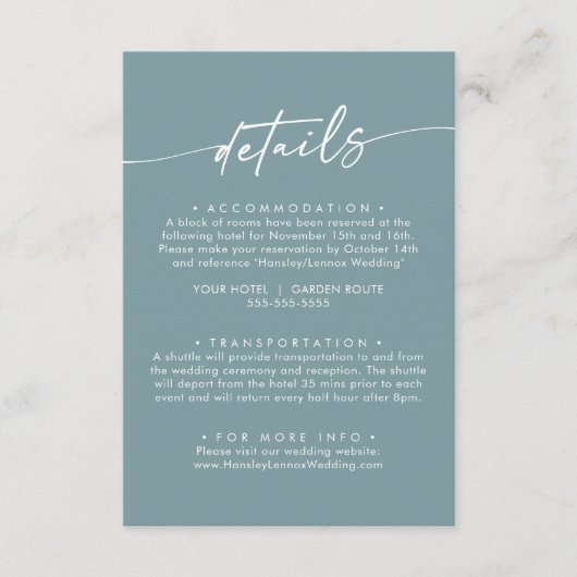 Boho Chic Seafoam Blauwgroen bruiloft details Informatiekaartje (Voorkant)