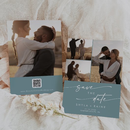 Boho Chic Seafoam Blauwgroen Multi Foto QR Code Save The Date