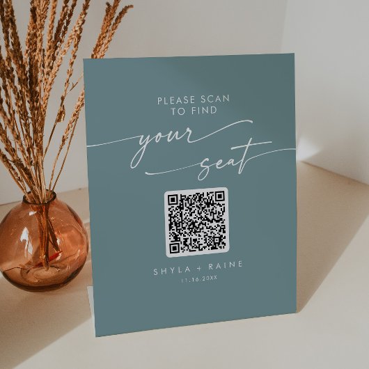 Boho Chic Seafoam Blauwgroen Zitkaart QR Code Reclamebord Met Voetstuk